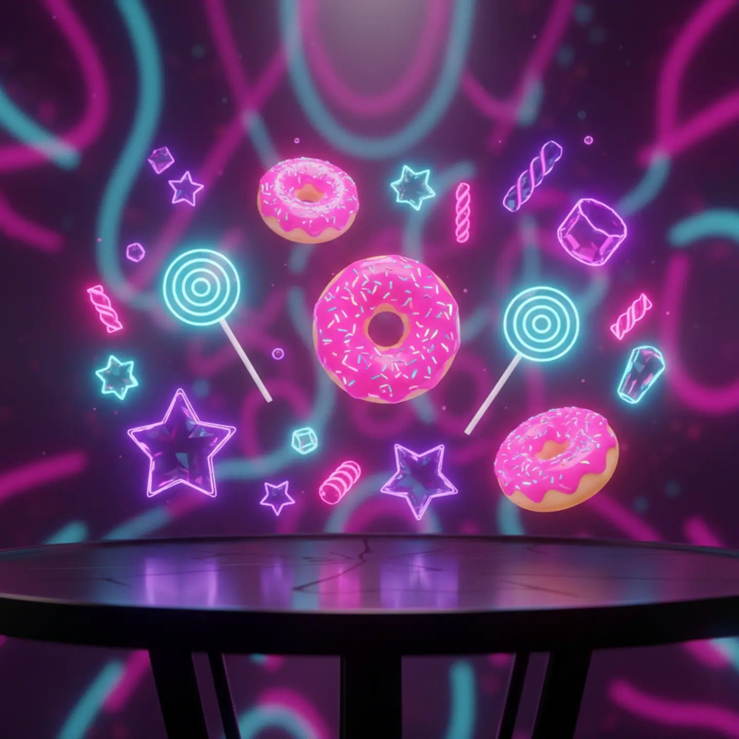 A vibrant digital banquet showcasing floating neon sweets and free social casino games.